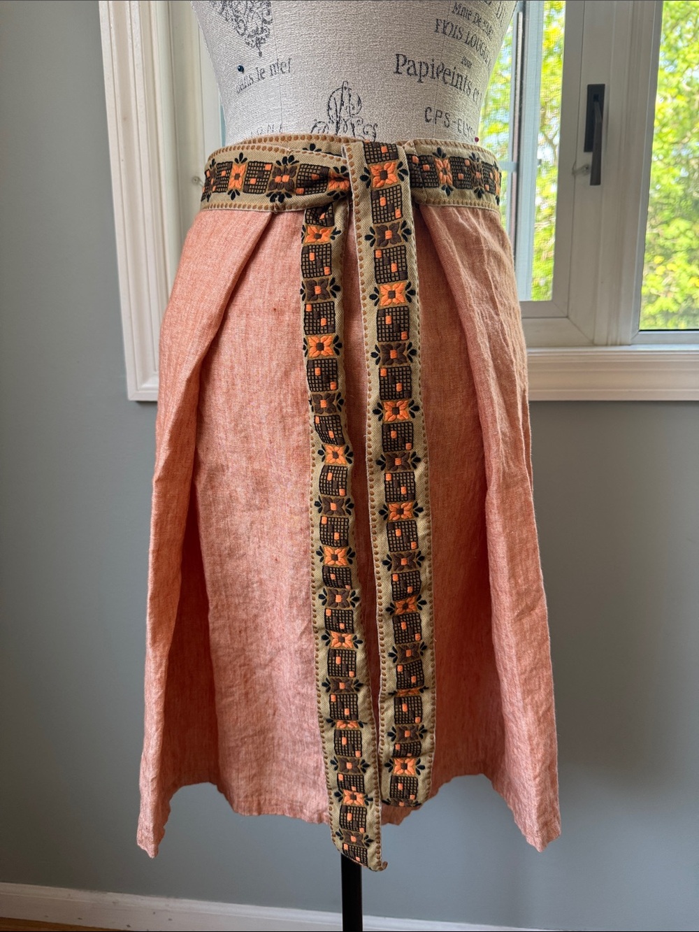 Vintage ribbon trimmed handmade linen one size fits most midi skirt